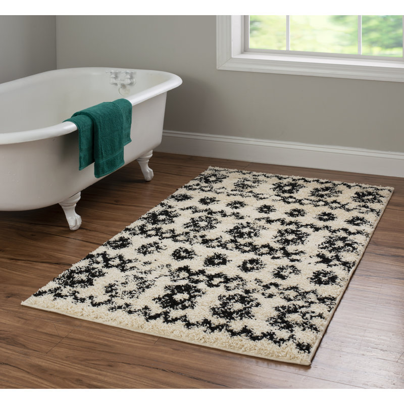 Tapis à poil long ivoire / noir à motif géométrique Kerens, Rectangle 3 pi x 5 pi