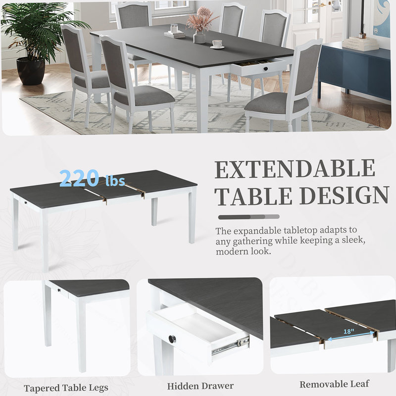 Versatile Extendable Dining Table Set With Removable Leaf, Upholstered Chairs, And Built - In Drawers For Any Dining Occasion