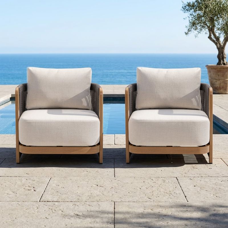Chaise de patio moderne en corde tissée avec structure en aluminium et grain de bois; fauteuil d'extérieur résistant aux intempéries pour piscine et jardin