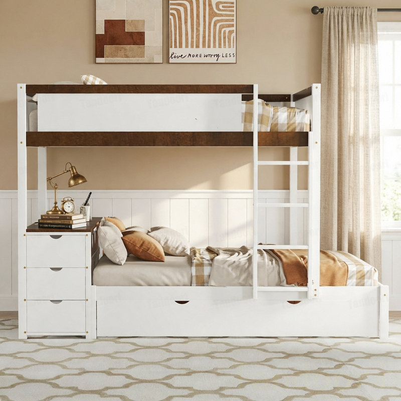Lit superposé double avec lit gigogne simple, rangement et bureau, Full over Full