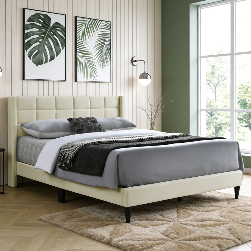 Structure de lit plateforme avec tête de lit tapissier à oreilles, Beige, Lit double