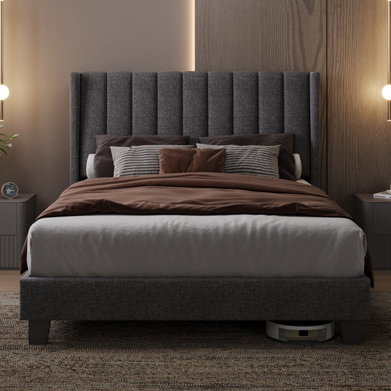 Upholstered Bed Frame with Channel Tufted Headboard, Dark Grey, Double (4'6)