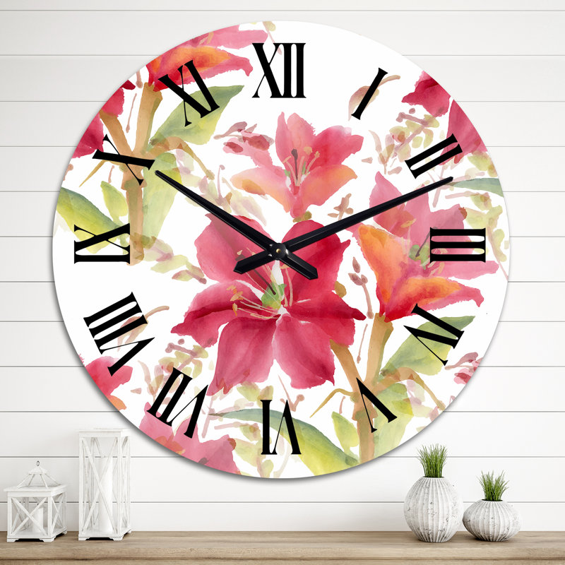 Seamless Pattern With Watercolor Flowers - Patterned wall clock, Medium