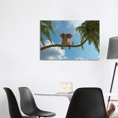 Elephant And Dog Sit On A Palm Tree by Mike Kiev - Print on Canvas