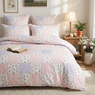 Ensemble de literie en microfibre à motif écossais rose / bleu de style champêtre français Housse de couette à motif vichy avec fermeture à glissière respirante et confortable
