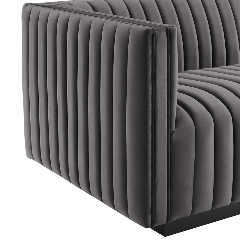 Conjure Channel Tufted Sofa by Modway, Black, Gray Velvet, 28" H x 155" W x 36.5" D