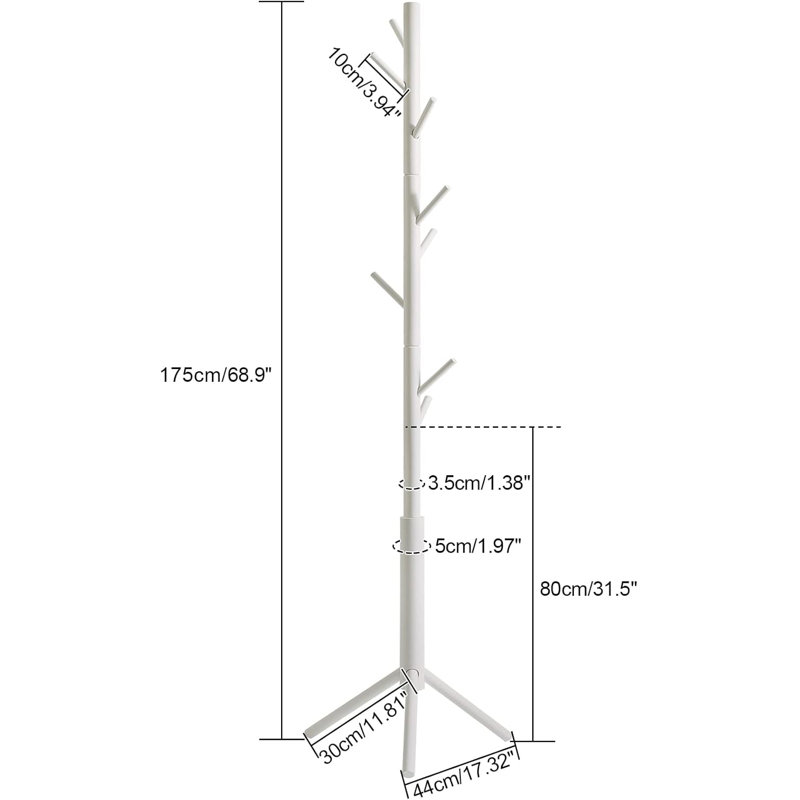 Wooden Adjustable Hall Tree Coat Racks with 8 Hooks, White