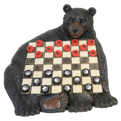 Polyresin Whimsical Black Bear Checkers Board Game Set