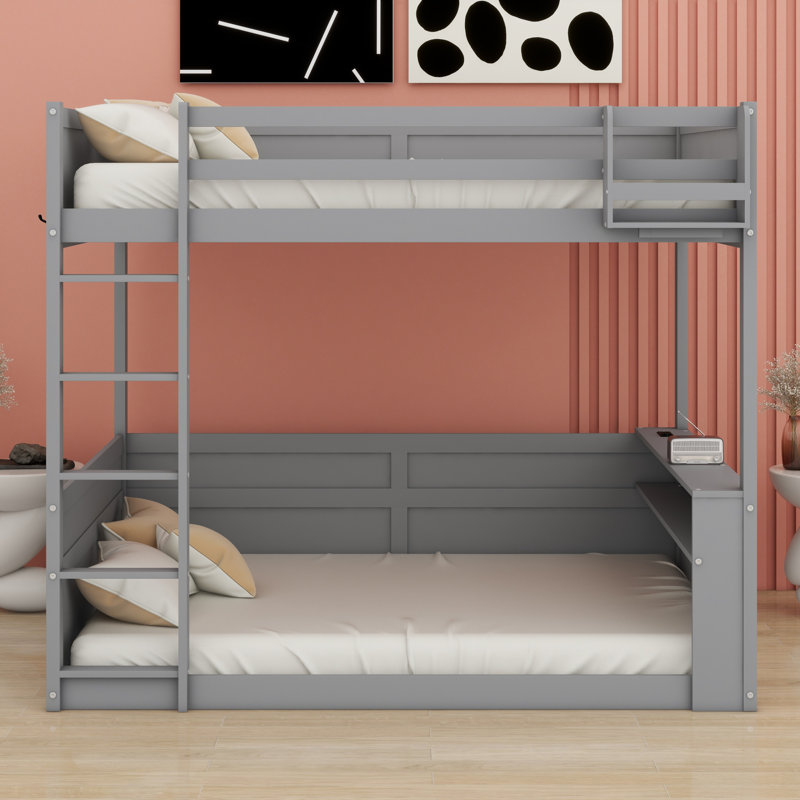 Wooden Bunk Bed With Built-In Shelves,Storage Box,LED Light And USB Charging Station, Grey