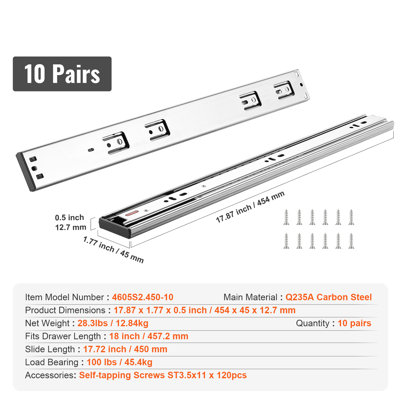 10 Pairs of 18 Inch Drawer Slides Side Mount Rails, 100 Lbs Load Capacity, Heavy-Duty Full Extension Steel Track, Soft-Close Noiseless Guide Glides Cabinet Kitchen Runners with Ball Bearing