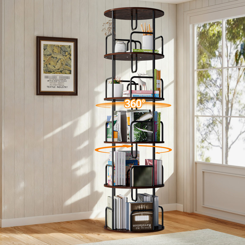 Bibliothèque 360 ° rotative, rangement rond à 5 niveaux pour la chambre à coucher, coin arrondi et structure stable, construction en fer