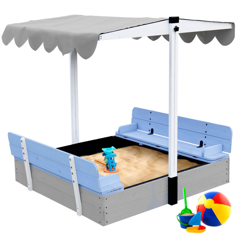 47" Fir Wood Outdoor Sandbox with Adjustable Canopy, Liner, Seats and Foldable Cover, Blue