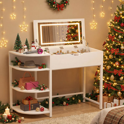 Makeup Vanity Desk With Drawers Vanity, Flip Top Mirror And Lights