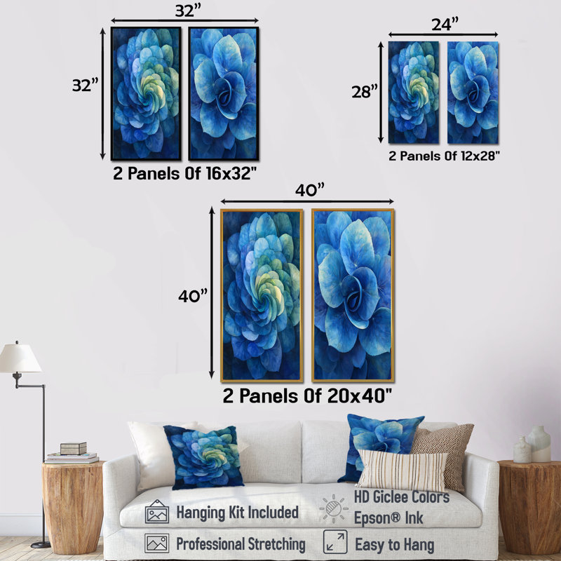 Hortensia bleu et vert vortex I - impressions sur toile florales 2 pièces, H 28 po x l 25 po, Cadre flottant doré