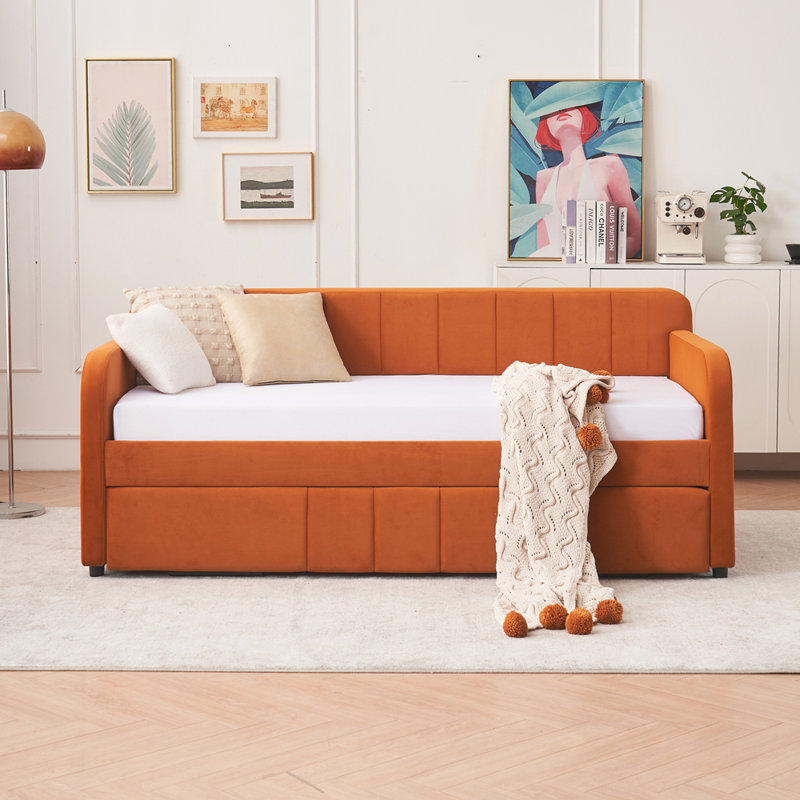 Velvet Upholstered Daybed Frame with Trundle for Bedroom Living Room Guest Room, Orange