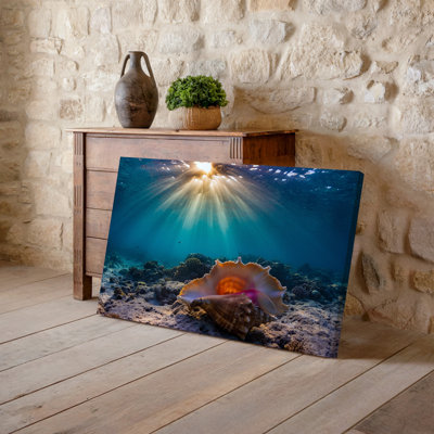 Toile, scène sereine sous-marine avec un grand coquillage texturé délicatement posé sur un fond d'océan de sable entouré de toile