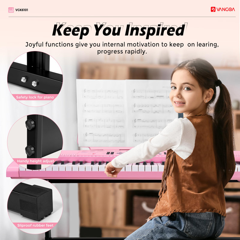 Piano Keyboard For Beginner,61 Keys Electric Keyboard Piano Portable Music Keyboard With Lighted Up Keys For Kids Teens, Back To School Piano With Stand Pedal Microphone USB