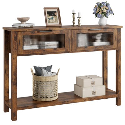 Console avec 2 tiroirs en verre, table d'entrée à 2 niveaux avec rangement, canapé de 43 po pour le salon, couloir, vestibule, brun rétro