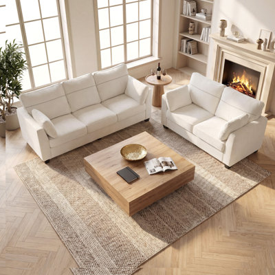 Ensemble de canapé modulaire, causeuse moderne rembourrée et canapé 3 places avec coussin de dossier confortable, accoudoirs biseautés, coussins confortables pour le salon, la chambre à coucher, un appartement, la chenille, beige