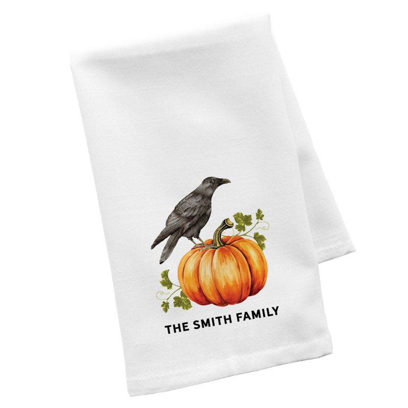 Custom Halloween Kitchen Towel, Crow And Pumpkin Design, Flour Sack Cotton, Halloween Decor, Custom Name, Yes