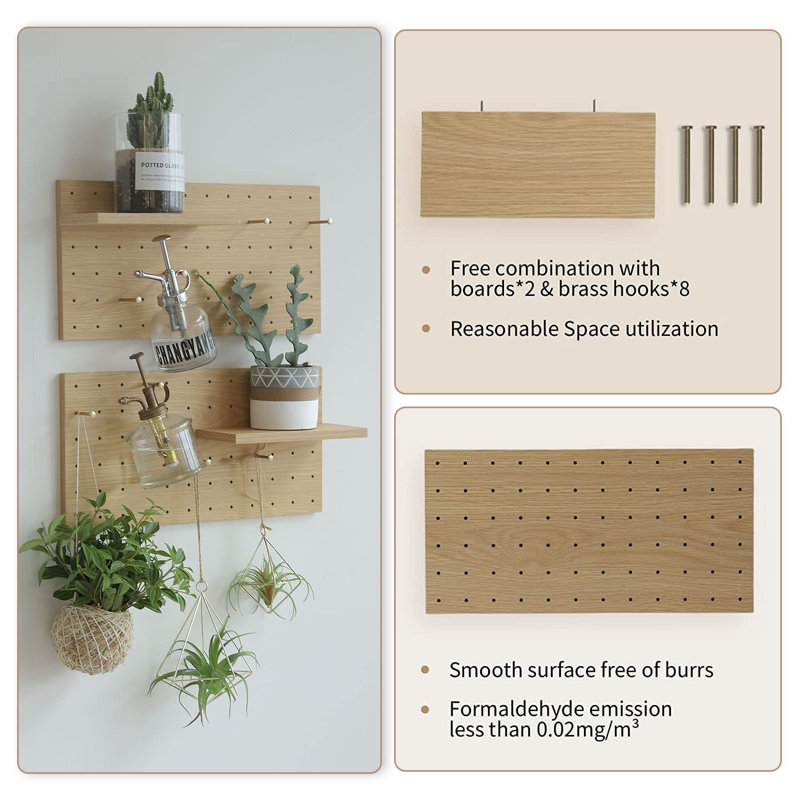 Wooden Pegboard, Sturdy Peg Board For Walls Modular Grid Organizer, DIY Storage And Display Panels With Shelves And Brass Hooks(Yellow)