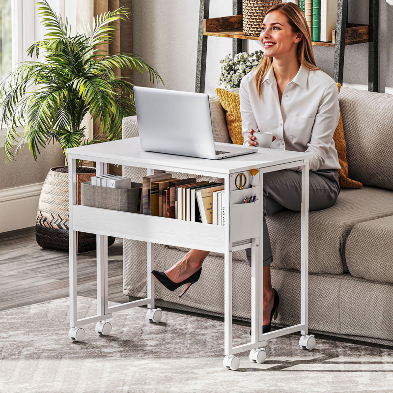 HOMCOM Folding Desk with Storage Shelf and Bag, White/White, 75cm H x 80cm W x 50cm D