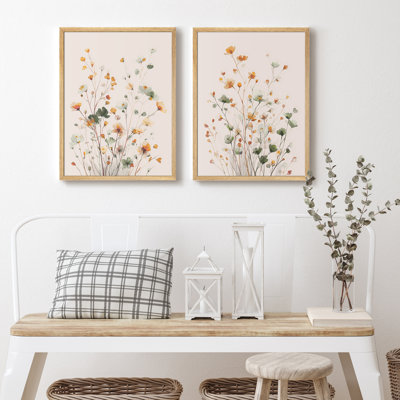 Minimal Wildflower Meadow Framed Wall Art Prints Set of 2 - Soft Neutral Floral Field for Living Room Bedroom