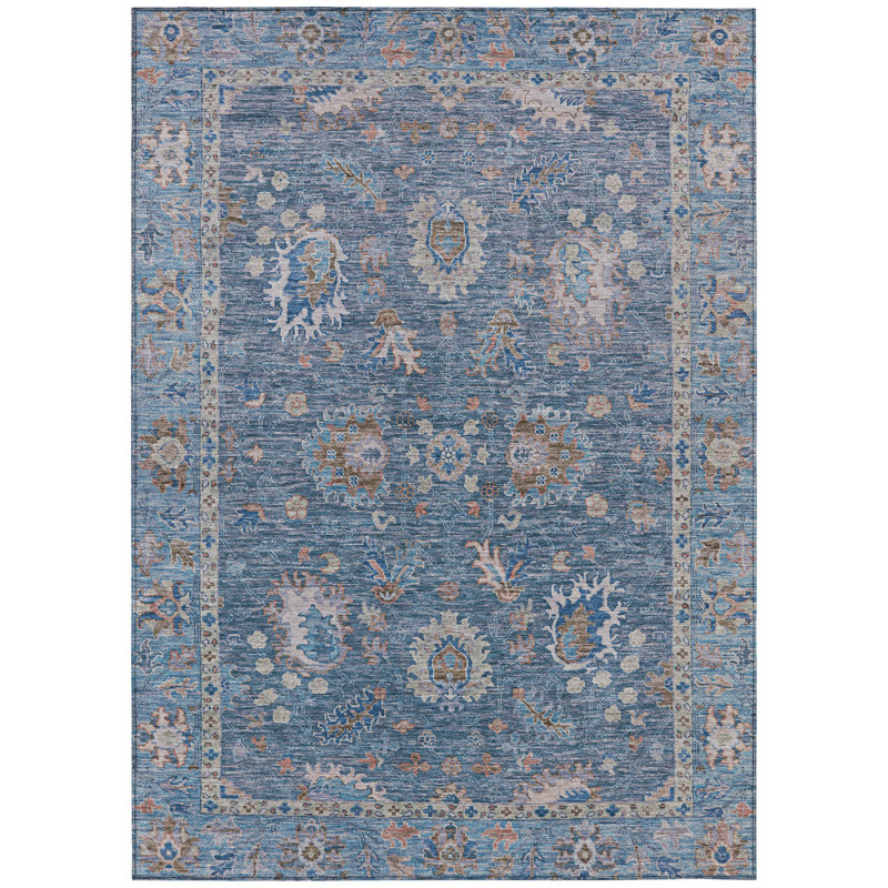 Tapis extérieur lavable floral bleu et beige 5 pi x 8 pi
