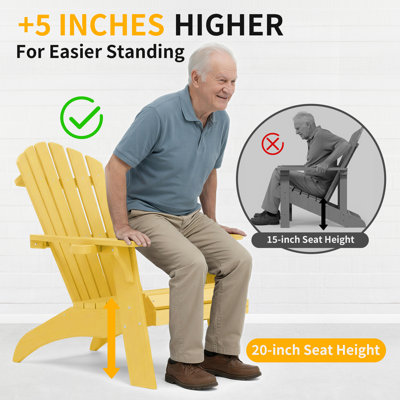Chaise de patio Adirondack, surdimensionné pour l'extérieur 350 lb avec porte-gobelet, siège d'extérieur toutes saisons résistant aux intempéries et à la décoloration, jaune