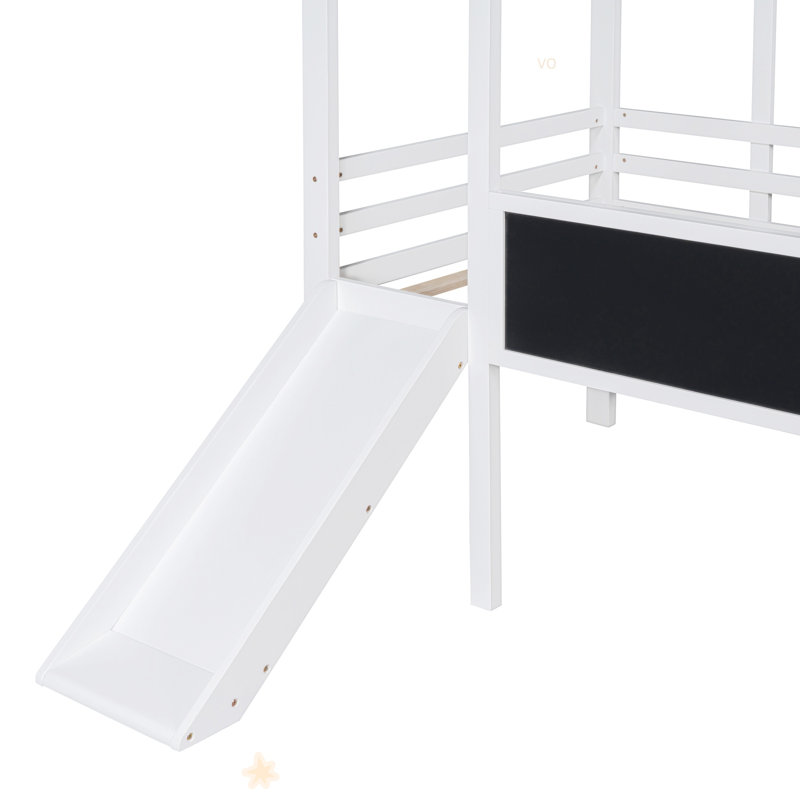 Lit mezzanine simple avec échelle et glissoire, lit maison avec tableau noir et bande lumineuse sur le toit, Blanc