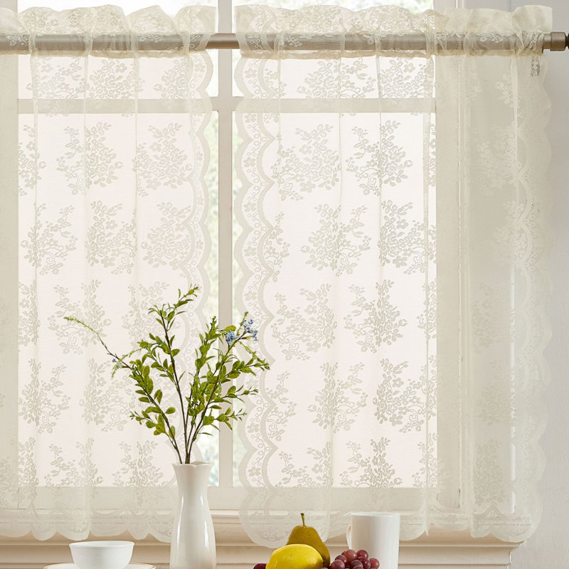 Stefani Floral Rod Pocket Lace Semi Sheer Voile Short Cafe Tiers for Small Windows - Set of 2, 24" L x 28" W, Ivory