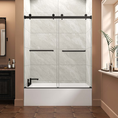 55"-60" W X 60" H Matte Black Reversible Installation Double Bypass Sliding Shower Door Easy Installation Frameless Bathtub,5/16"(8MM) Tempered Glass With Nano Explosion-Proof Film