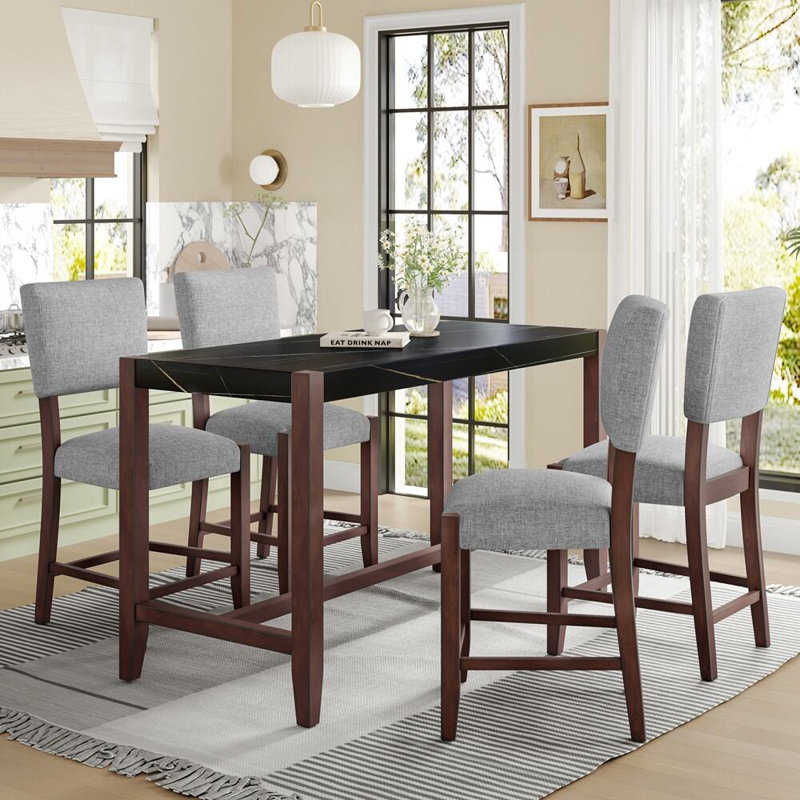 Getchell Faux Marble Counter Dining Table with Rubberwood Legs, Black