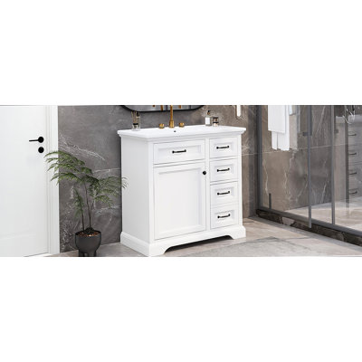 Meuble-lavabo 36 po avec lavabo, lavabo en céramique, 2 tiroirs basculants, charnières de porte à fermeture en douceur, blanc