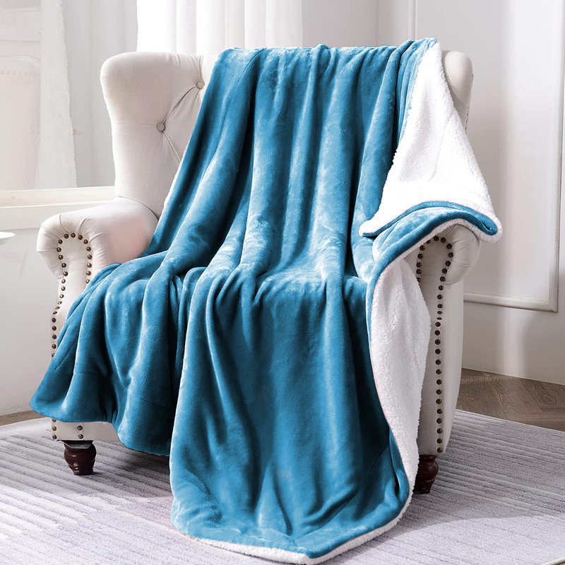 Sanborn Soft Reversible Sherpa Fleece Fur Thick Blanket Throw, 200cm x 240cm, Sky Blue