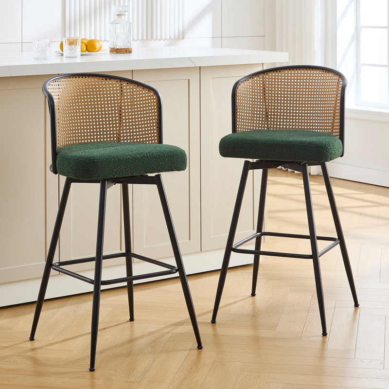 Green Boucle Fabric Swivel Bar Stools with Rattan Back and Metal Legs