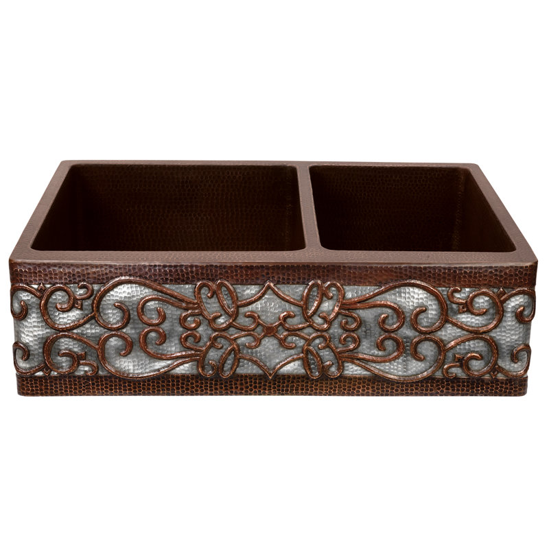 33" Hammered Copper Farmhouse Double Basin Sink with Scroll Design