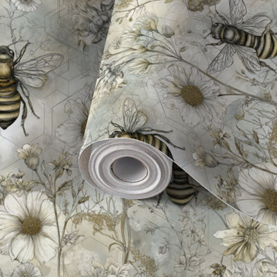 Peel and Stick Wallpaper Contact Paper Elegant Vintage Bee Seamless Self Adhesive and Removable 24in x 118in(60x300cm)