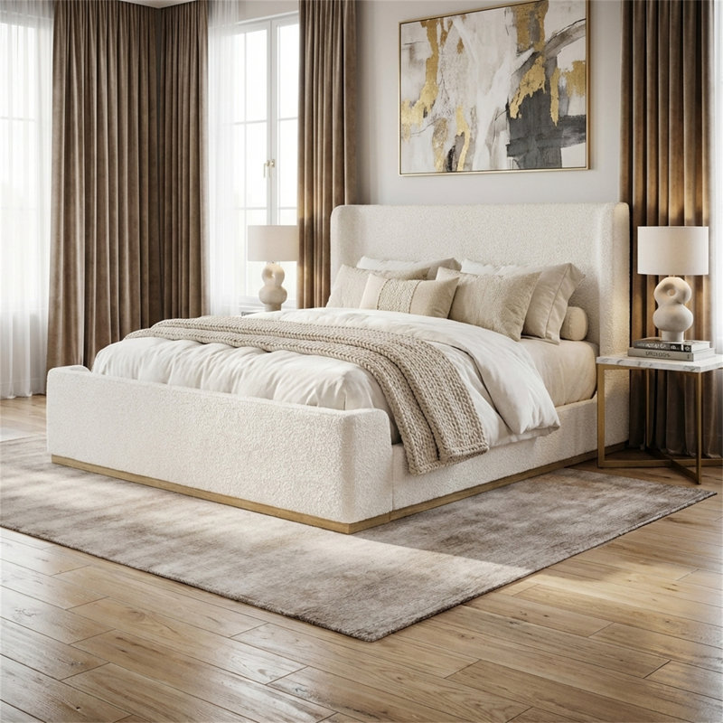 Cadre de très grand lit, lit plateforme beige avec tête de lit tapissier, lit à cadre en bois, aucun sommier requis, style rétro