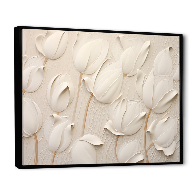 Minimalisme, tulipes blanches symphonie - tulipes, art mural, Reproduction avec cadre flottant, H 12 po x l 20 po, Noir