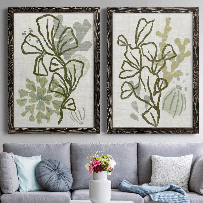 Coral Blockprint III - ensemble de 2 peintures encadrées, Toile avec cadre noir, H 37,5 po x l 55 po x P 1,5 po