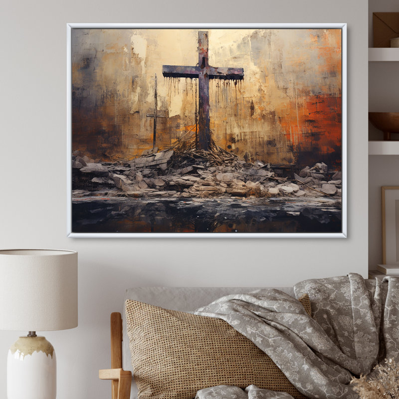 Minimalisme, croix religieuse, Cadre flottant blanc, H 16 po x l 32 po x P 1 po