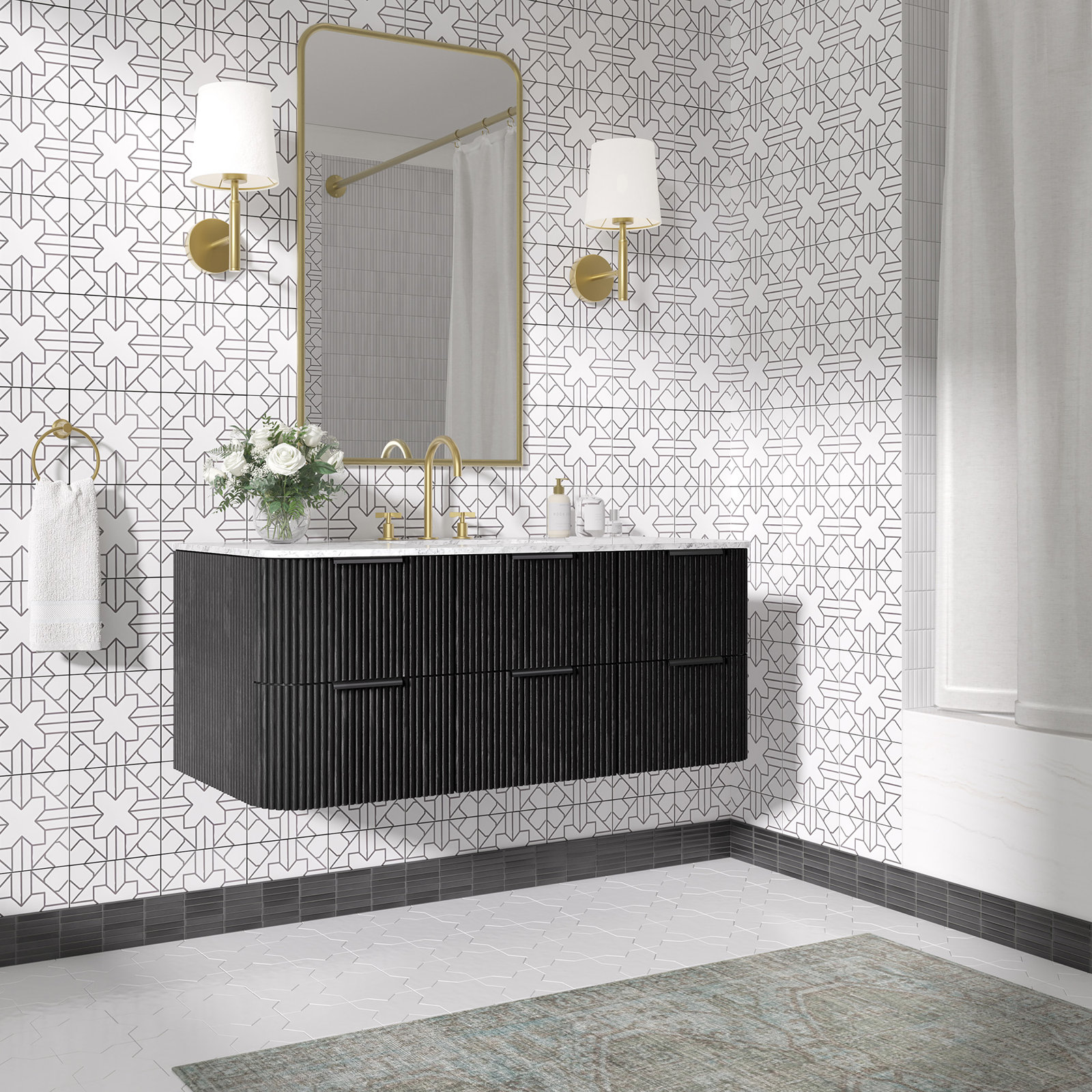 Nova 48" Marble Top Single Floating Bathroom Vanity, Black