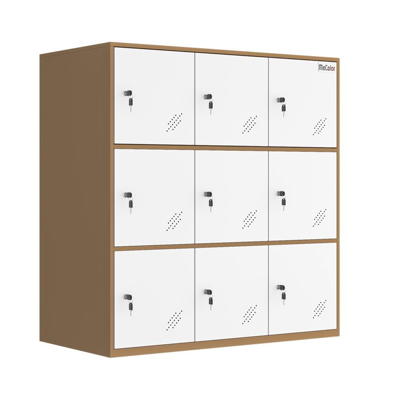 Armoire vestiaire en métal blanc avec serrure à clé 9 portes, Brun / Blanc