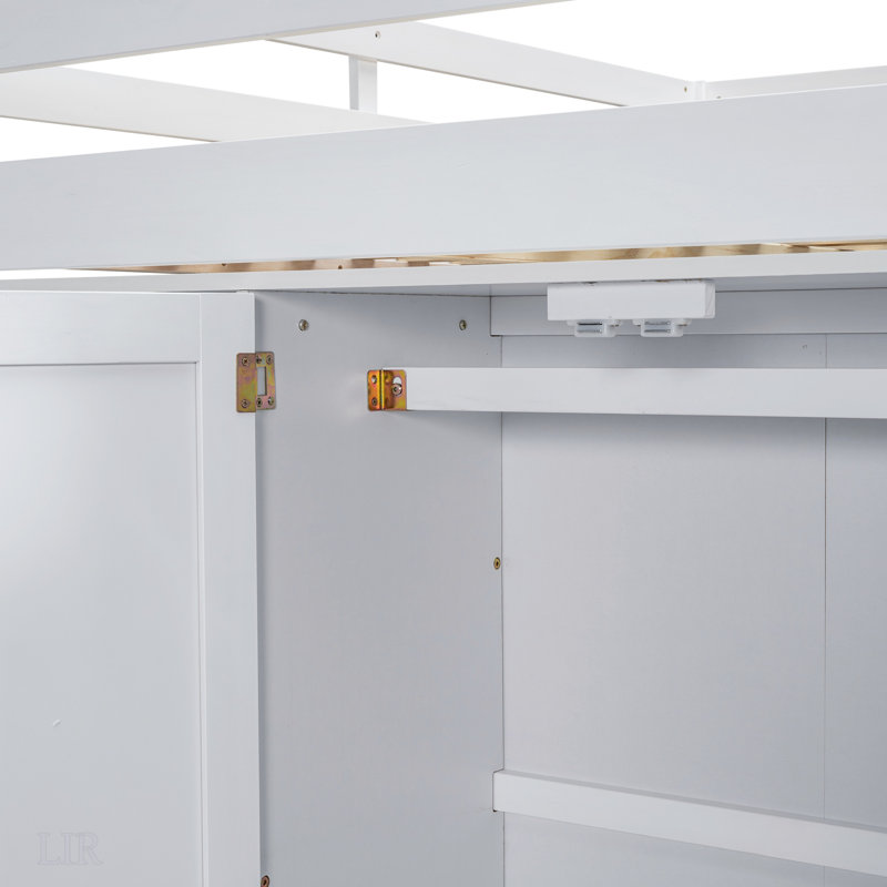 Lit mezzanine en bois pleine grandeur avec garde-robe, bureau et solutions de rangement intégrés pour un espace compact et un espace de vie multifonctionnel