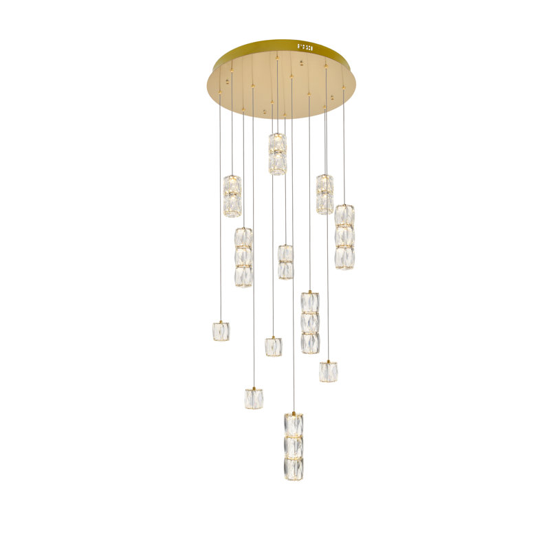 Luminaire suspendu cylindrique à DEL 12 lumières avec détails en cristal Alfee, Or