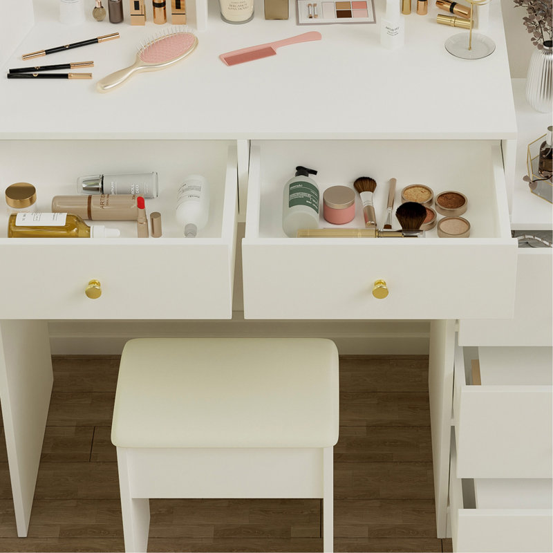 Table de coiffeuse à DEL avec miroir, finition blanche, 5 tiroirs et plus, tablette réglable, miroir de bureau de luxe et éclairage - blanc, rangement multiple,