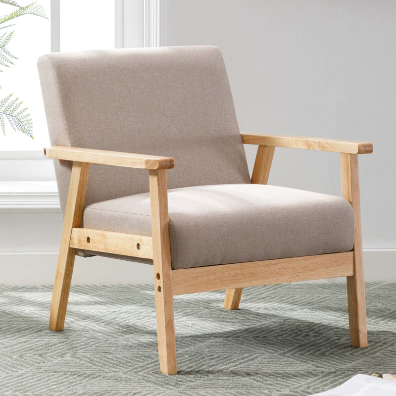 Scandinavian Upholstered Solid Wood Frame Comfortable Lounge Accent Armchair, Cream