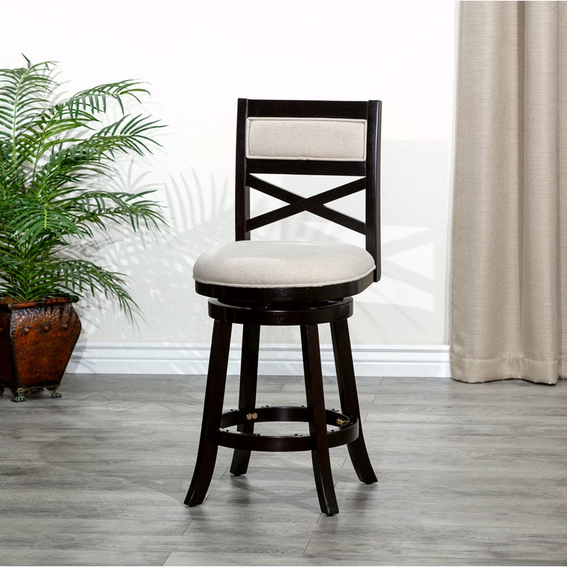 Tabouret pivotant à dossier en X de 24 po de hauteur comptoir, siège en tissu, Beige, Espresso