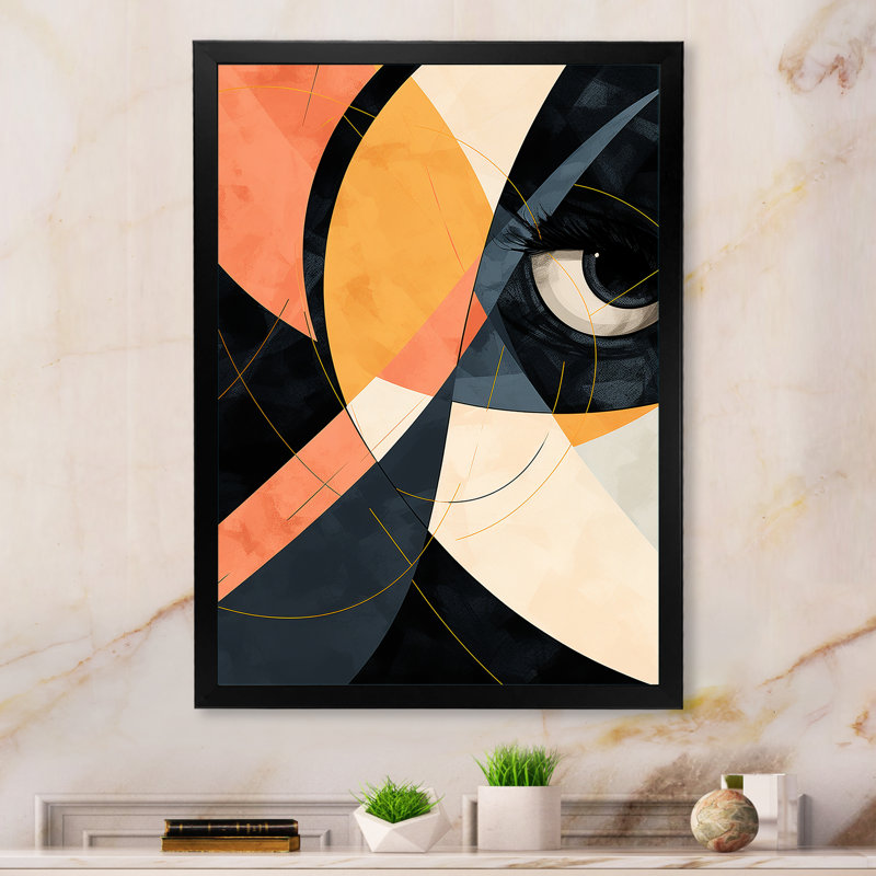 «Pink Woman Cubist Portrait II - Abstract Cubism», reproduction d'art murale, Cadre simple noir, H 44 po x l 34 po x P 1,5 po